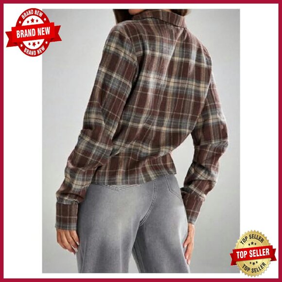 Soft Plaid Button Down Blouse Long Sleeve Loose Fit Casual Top - Picture 4 of 6